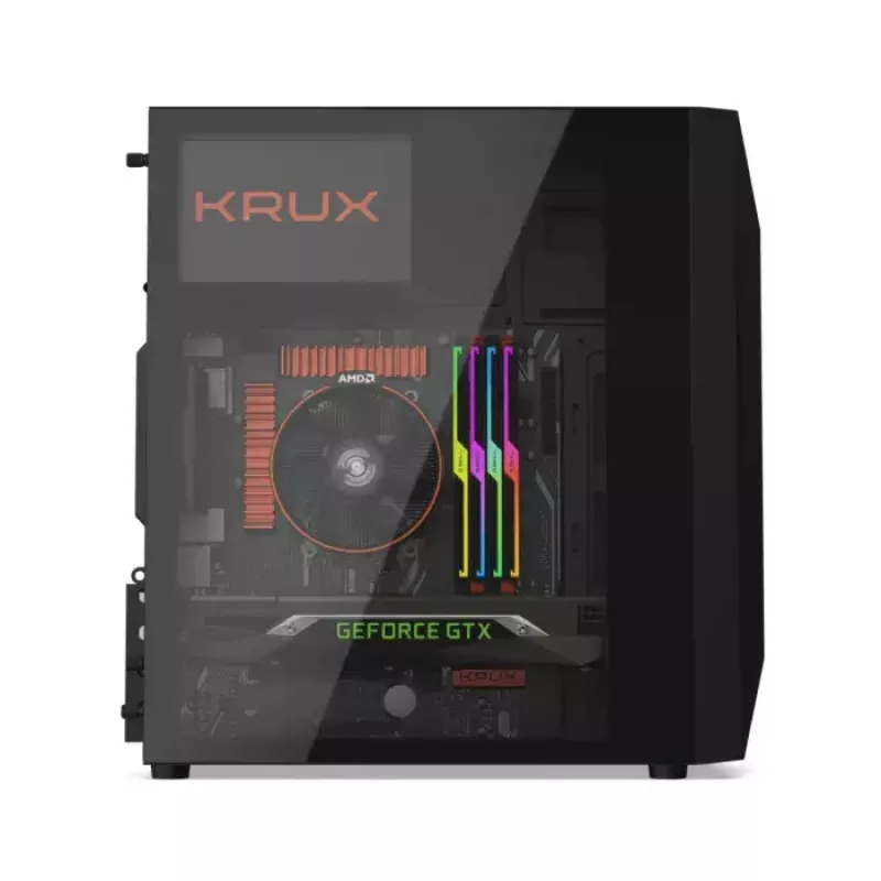 Obudowa PC KRUX Astro Cube Czarny — obudowa cube, obsługuje micro ATX/mini‑ITX, 1×3,5 cala + 2×2,5 cala wnęki, okno boczne, maks. zasilacz 28 cm, maks. wysokość chłodzenia 136 mm