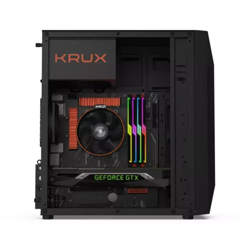Obudowa PC KRUX Astro Cube Czarny — obudowa cube, obsługuje micro ATX/mini‑ITX, 1×3,5 cala + 2×2,5 cala wnęki, okno boczne, maks. zasilacz 28 cm, maks. wysokość chłodzenia 136 mm
