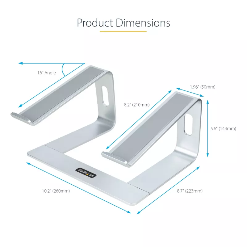 StarTech.com Stojak na laptopa na biurko, obsługa 5 kg/11 funtów, aluminium, srebrny, ergonomiczna podkładka pod laptopa, przenośny uchwyt na laptopa, stojak na komputer dla Macbook Air/Pro, Dell XPS, Lenovo