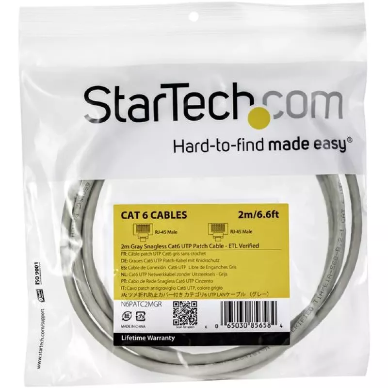 StarTech.com 2m kabel Ethernet CAT6 - Szary przewód Gigabit Ethernet CAT 6 - 250 MHz 100 W PoE RJ45 UTP kabel sieciowy/patch ze złączem bez zaczepów i odciążeniem, testowany indywidualnie