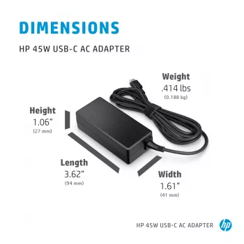 HP 45W USB-C AC Adapter, Laptop, Indoor, 45 W, 3 A, Spectre x2 12-a0xx; HP Pavilion x2 10-n1xx; Pavilion x2 10-n0xx, Home