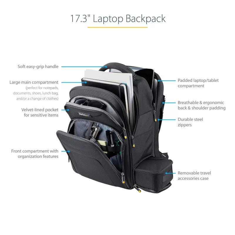 Plecak na laptopa 17,3 cala StarTech.com z wyjmowaną kasetą na akcesoria – Profesjonalny plecak IT technika do pracy, podróży, dojazdów – Ergonomiczna torba na komputer – Wytrzymały nylon balistyczny – Kieszenie na notebook/tablet