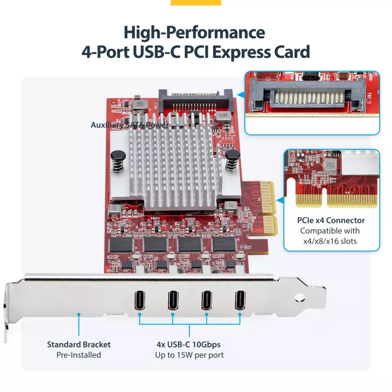 StarTech.com 4-Portowa karta PCIe USB Type-C, USB 3.2 10Gbps, karta rozszerzeń USB-C PCI Express, 4 niezależne kontrolery USB, Windows/Linux/macOS, zgodność z TAA