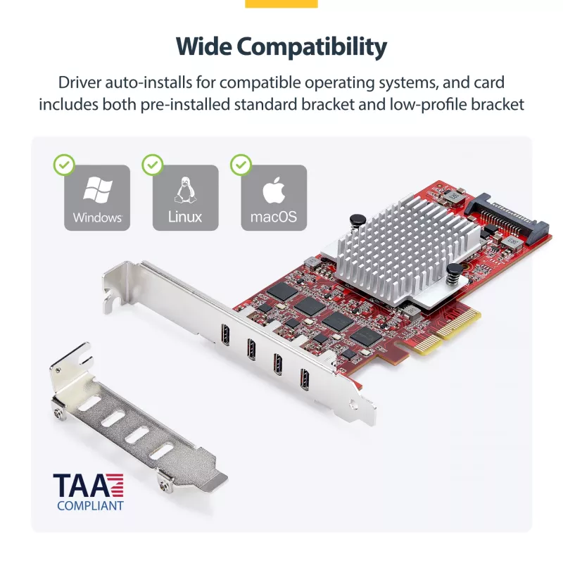 StarTech.com 4-Portowa karta PCIe USB Type-C, USB 3.2 10Gbps, karta rozszerzeń USB-C PCI Express, 4 niezależne kontrolery USB, Windows/Linux/macOS, zgodność z TAA