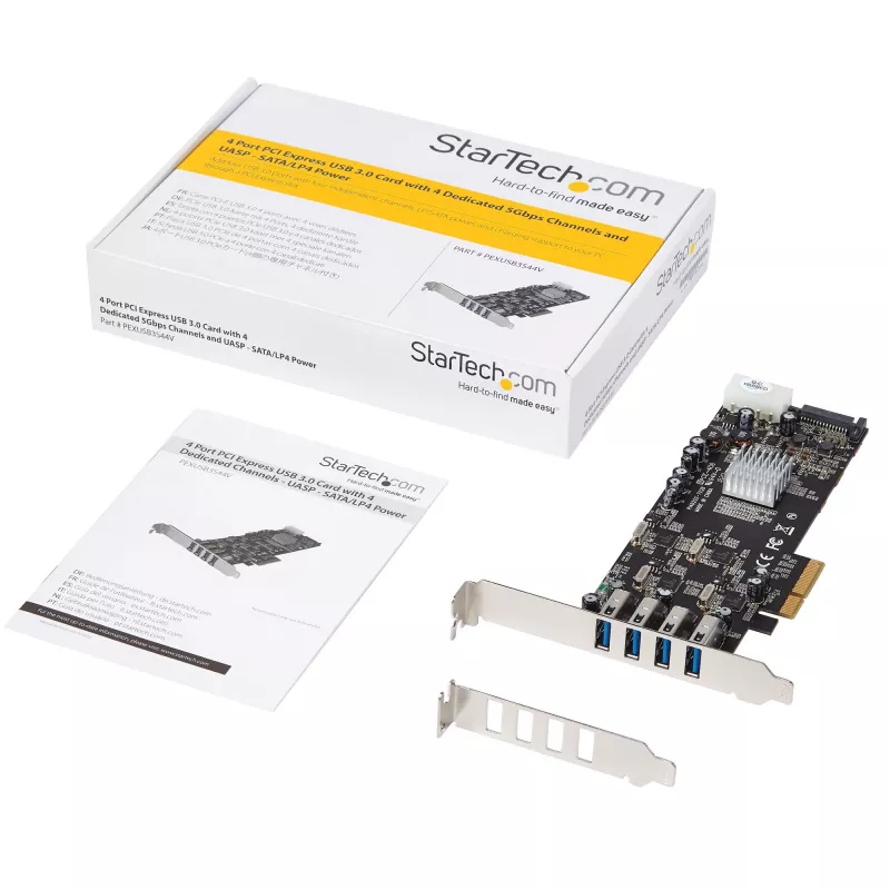 Karta PCIe StarTech.com z 4 portami USB 3.0 i 4 dedykowanymi kanałami 5 Gb/s (USB 3.1 Gen 1) - UASP - zasilanie SATA / LP4 - karta adaptera PCI Express