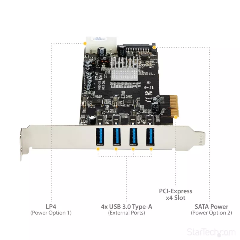 Karta PCIe StarTech.com z 4 portami USB 3.0 i 4 dedykowanymi kanałami 5 Gb/s (USB 3.1 Gen 1) - UASP - zasilanie SATA / LP4 - karta adaptera PCI Express
