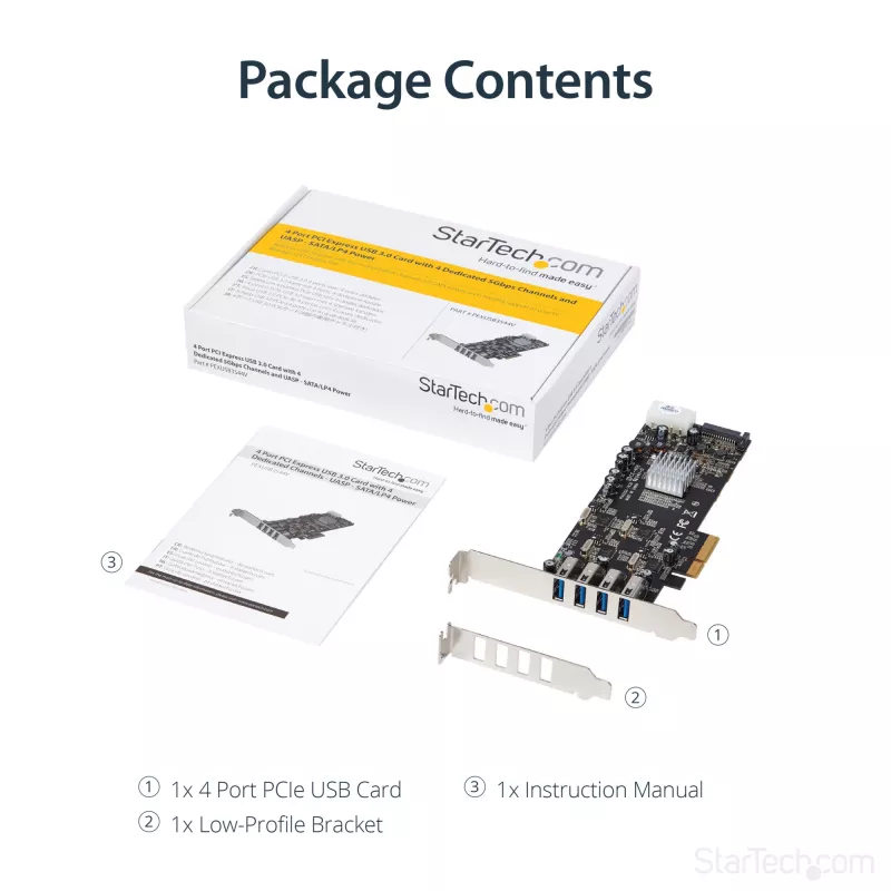 Karta PCIe StarTech.com z 4 portami USB 3.0 i 4 dedykowanymi kanałami 5 Gb/s (USB 3.1 Gen 1) - UASP - zasilanie SATA / LP4 - karta adaptera PCI Express