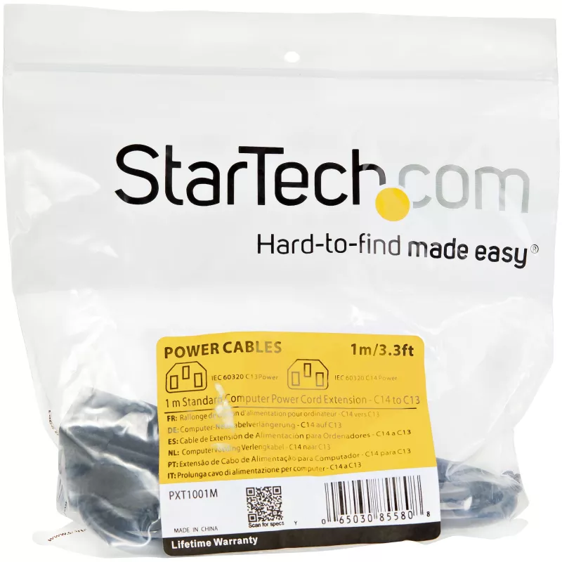StarTech.com 1m (3ft) Przedłużacz zasilający, C14 na C13, 10A 125V, 18AWG, Przedłużacz do kabla zasilającego komputera, IEC-320-C14 na IEC-320-C13 Kabel zasilający AC do zasilacza, na liście UL