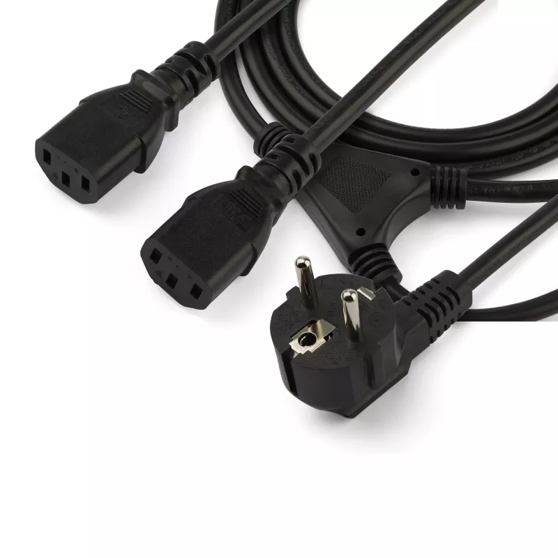 StarTech.com Przewód zasilający Y do komputera, 2 m, 18AWG, EU Schuko na 2x C13, 10 A 250 V, czarny zamienny przewód zasilający AC, kabel zasilający do drukarki, kabel do zasilacza PC, kabel zasilający do monitora – z listą UL