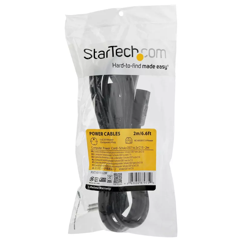 StarTech.com Przewód zasilający Y do komputera, 2 m, 18AWG, EU Schuko na 2x C13, 10 A 250 V, czarny zamienny przewód zasilający AC, kabel zasilający do drukarki, kabel do zasilacza PC, kabel zasilający do monitora – z listą UL