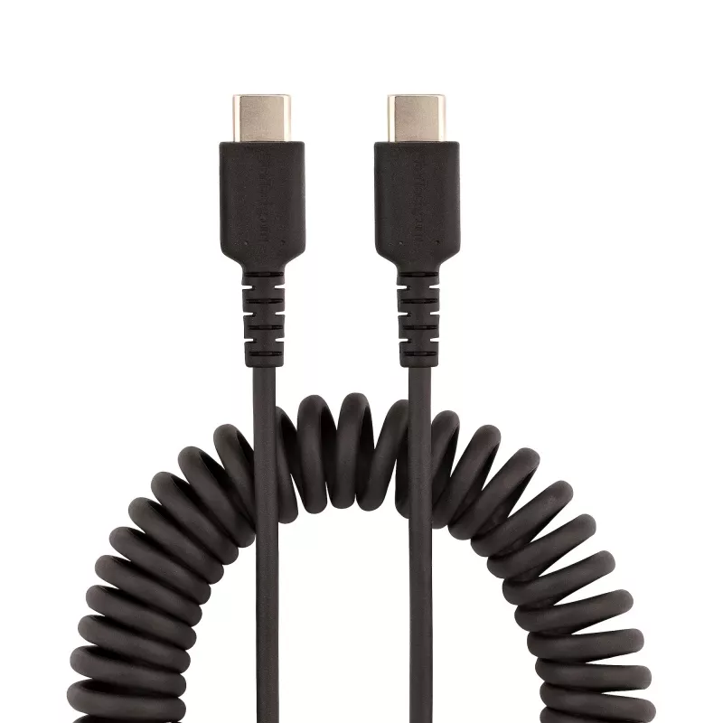 StarTech.com 20in (50cm) USB C Kabel do ładowania, zwijany, wytrzymały, szybkie ładowanie i synchronizacja, kabel USB-C, USB 2.0 Type-C, wzmocniony włóknem aramidowym, trwały kabel męski na męski USB, czarny