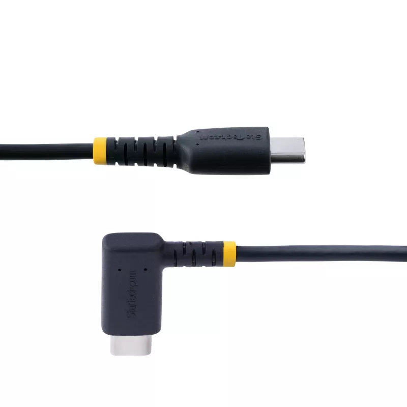 StarTech.com Przewód ładujący USB C 0,3 m (1 ft) pod kątem prostym – 60W PD 3A – Wytrzymały kabel USB-C do szybkiego ładowania – Czarny USB 2.0 Type-C – Wzmocniony włóknem aramidowym – Przewód do ładowania USB