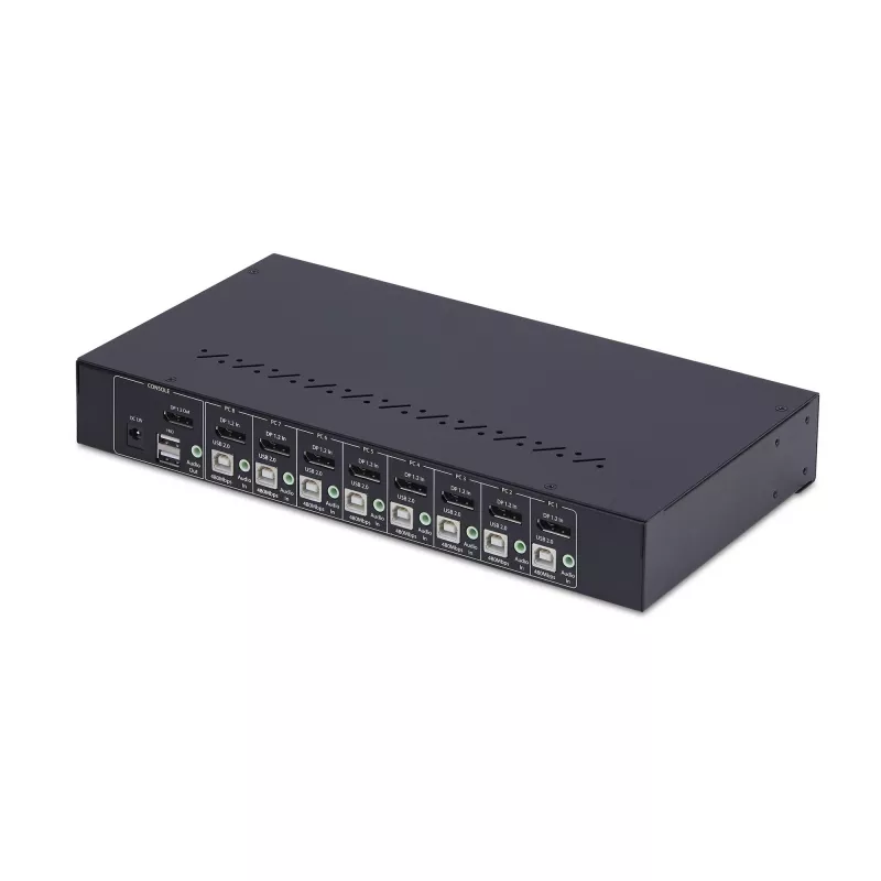 StarTech.com 8-portowy przełącznik KVM DisplayPort z zestawem montażowym do szafy 1U, 4K 60 Hz DP 1.2, przełączanie przyciskowe i skrótami klawiszowymi, 4-portowy hub USB, niezależny od systemu operacyjnego, zgodny z TAA