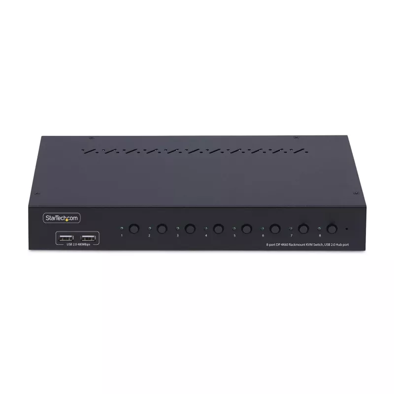 StarTech.com 8-portowy przełącznik KVM DisplayPort z zestawem montażowym do szafy 1U, 4K 60 Hz DP 1.2, przełączanie przyciskowe i skrótami klawiszowymi, 4-portowy hub USB, niezależny od systemu operacyjnego, zgodny z TAA