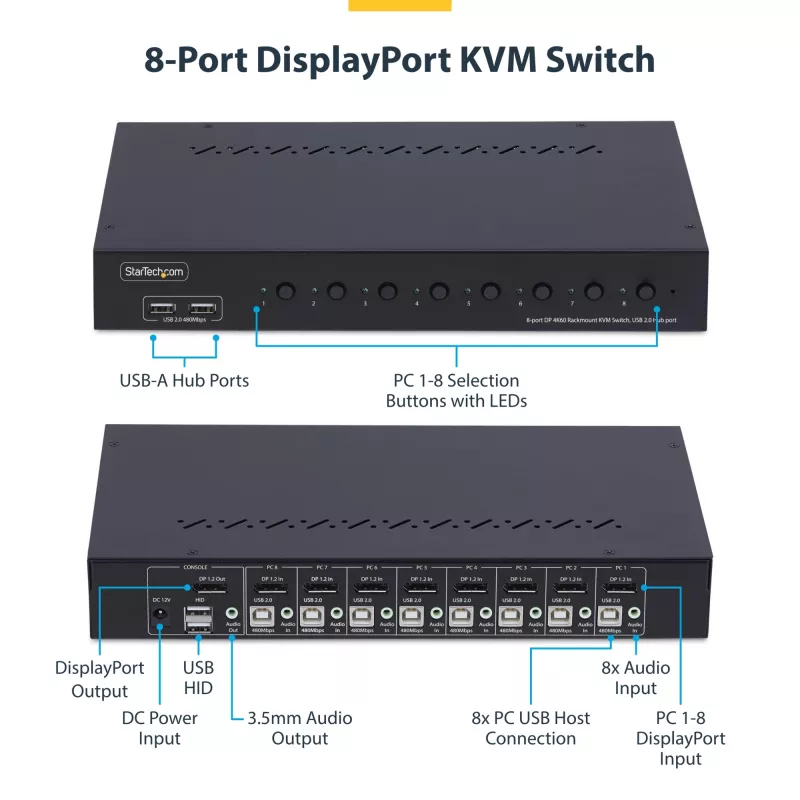 StarTech.com 8-portowy przełącznik KVM DisplayPort z zestawem montażowym do szafy 1U, 4K 60 Hz DP 1.2, przełączanie przyciskowe i skrótami klawiszowymi, 4-portowy hub USB, niezależny od systemu operacyjnego, zgodny z TAA