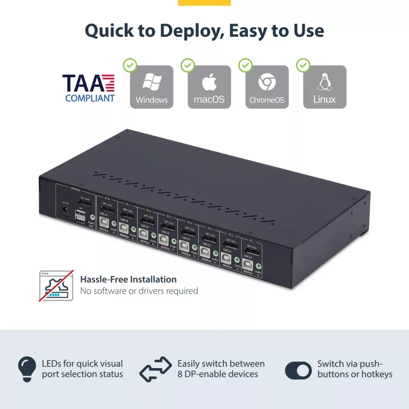 StarTech.com 8-portowy przełącznik KVM DisplayPort z zestawem montażowym do szafy 1U, 4K 60 Hz DP 1.2, przełączanie przyciskowe i skrótami klawiszowymi, 4-portowy hub USB, niezależny od systemu operacyjnego, zgodny z TAA