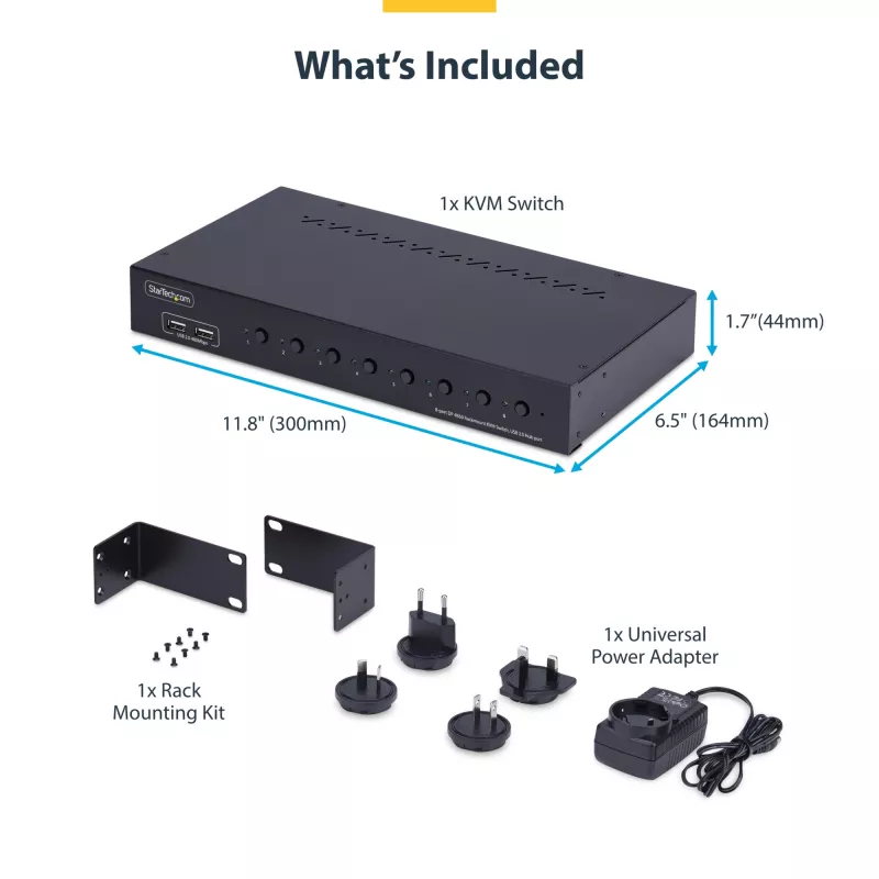 StarTech.com 8-portowy przełącznik KVM DisplayPort z zestawem montażowym do szafy 1U, 4K 60 Hz DP 1.2, przełączanie przyciskowe i skrótami klawiszowymi, 4-portowy hub USB, niezależny od systemu operacyjnego, zgodny z TAA