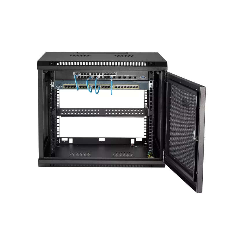 StarTech.com 4-słupkowa 9U szafka sieciowa do montażu ściennego z półką 1U, 19-calowy stojak serwerowy do montażu na ścianie do sprzętu danych / AV / elektronicznego / komputerowego, mała wentylowana obudowa rack