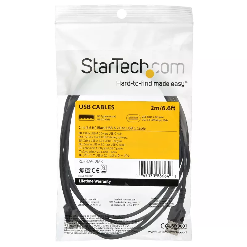 StarTech.com 2m kabel ładujący USB A na USB C - Wytrzymały szybkie ładowanie i synchronizacja USB 2.0 na USB Type C - Wzmocniony kabel M/M 3A czarny - Samsung S10, iPad Pro, Pixel