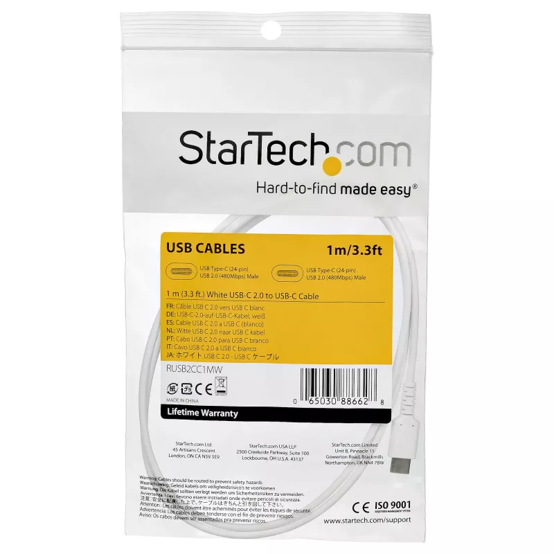 StarTech.com 1m kabel do ładowania USB C - Wytrzymały kabel do szybkiego ładowania i synchronizacji USB 2.0 typu C na USB C do laptopa - osłona TPE włókno aramidowe M/M 60W biały - Samsung S10 S20 iPad Pro MS Surface