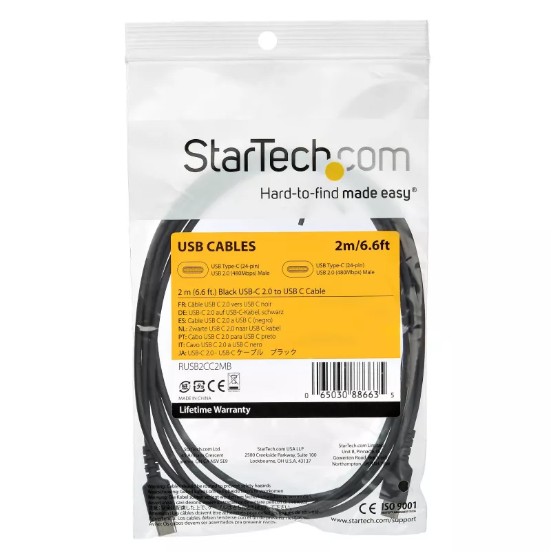 StarTech.com 2m Kabel ładujący USB C - Wytrzymały szybkie ładowanie i synchronizacja USB 2.0 typu C na USB C do laptopa - osłona TPE włókno aramidowe M/M 60W czarny - Samsung S10 S20 iPad Pro MS Surface