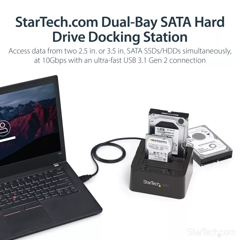 StarTech.com Stacja dokująca dwukieszeniowa USB 3.2 Gen 2 do SATA, USB 10 Gb/s, zewnętrzna do dysków 2,5/3,5 inch SATA I/II/III SSD/HDD, Hot-Swap, górne ładowanie