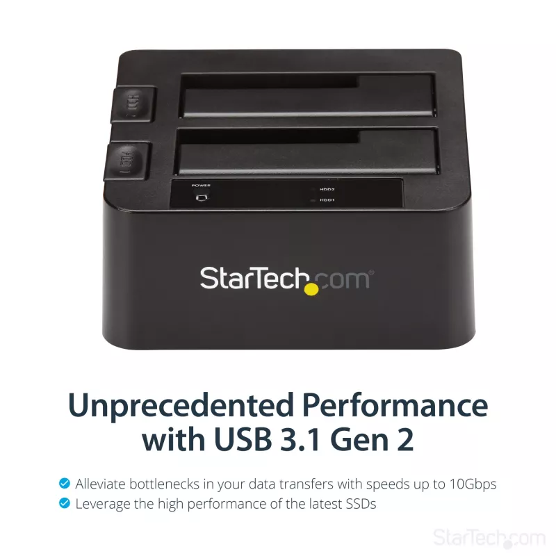 StarTech.com Stacja dokująca dwukieszeniowa USB 3.2 Gen 2 do SATA, USB 10 Gb/s, zewnętrzna do dysków 2,5/3,5 inch SATA I/II/III SSD/HDD, Hot-Swap, górne ładowanie