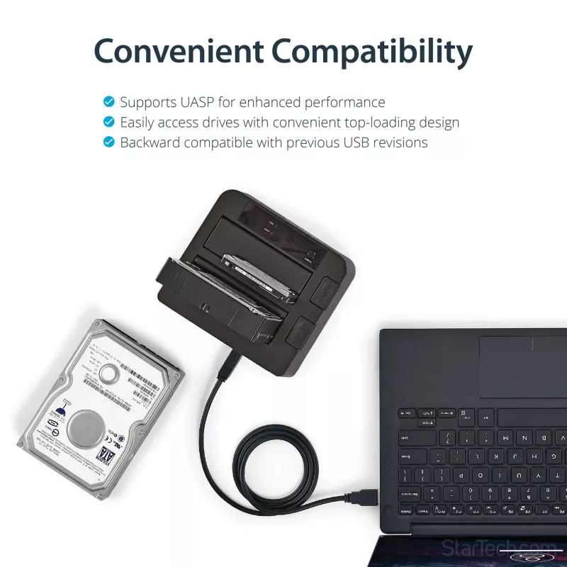 StarTech.com Stacja dokująca dwukieszeniowa USB 3.2 Gen 2 do SATA, USB 10 Gb/s, zewnętrzna do dysków 2,5/3,5 inch SATA I/II/III SSD/HDD, Hot-Swap, górne ładowanie