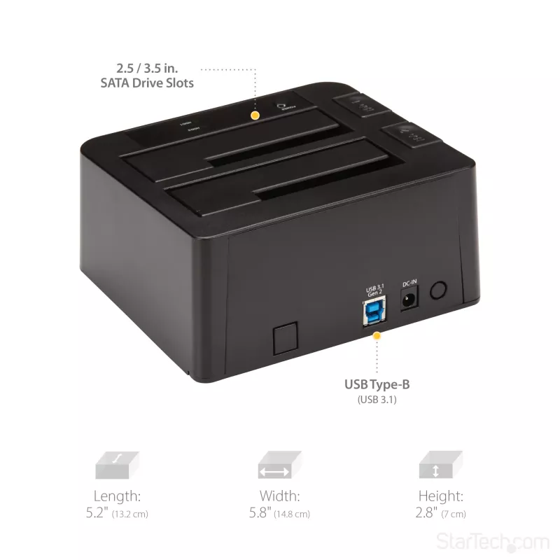 StarTech.com Stacja dokująca dwukieszeniowa USB 3.2 Gen 2 do SATA, USB 10 Gb/s, zewnętrzna do dysków 2,5/3,5 inch SATA I/II/III SSD/HDD, Hot-Swap, górne ładowanie