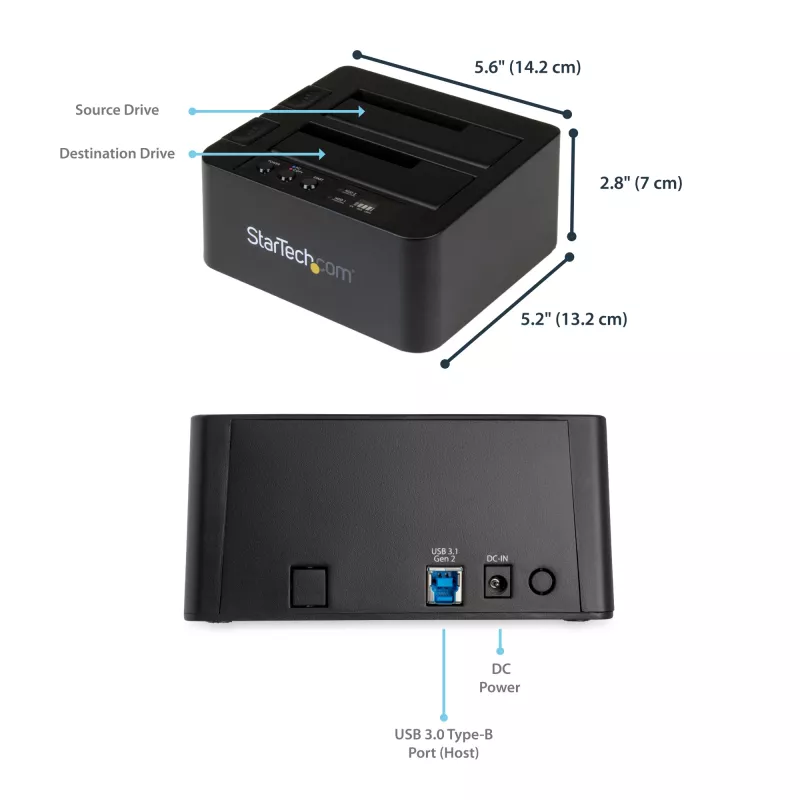 StarTech.com Samodzielny duplikator dysków twardych, dwukieszeniowy kloner/kopiarka HDD/SSD, stacja dokująca USB 3.1 (10 Gb/s) do SATA III HDD/SSD, stacja dokująca do kopiowania dysków twardych, kloner dysków twardych