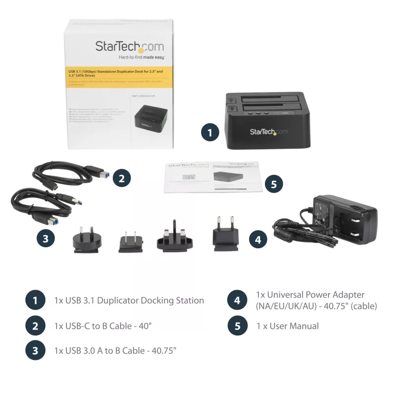 StarTech.com Samodzielny duplikator dysków twardych, dwukieszeniowy kloner/kopiarka HDD/SSD, stacja dokująca USB 3.1 (10 Gb/s) do SATA III HDD/SSD, stacja dokująca do kopiowania dysków twardych, kloner dysków twardych