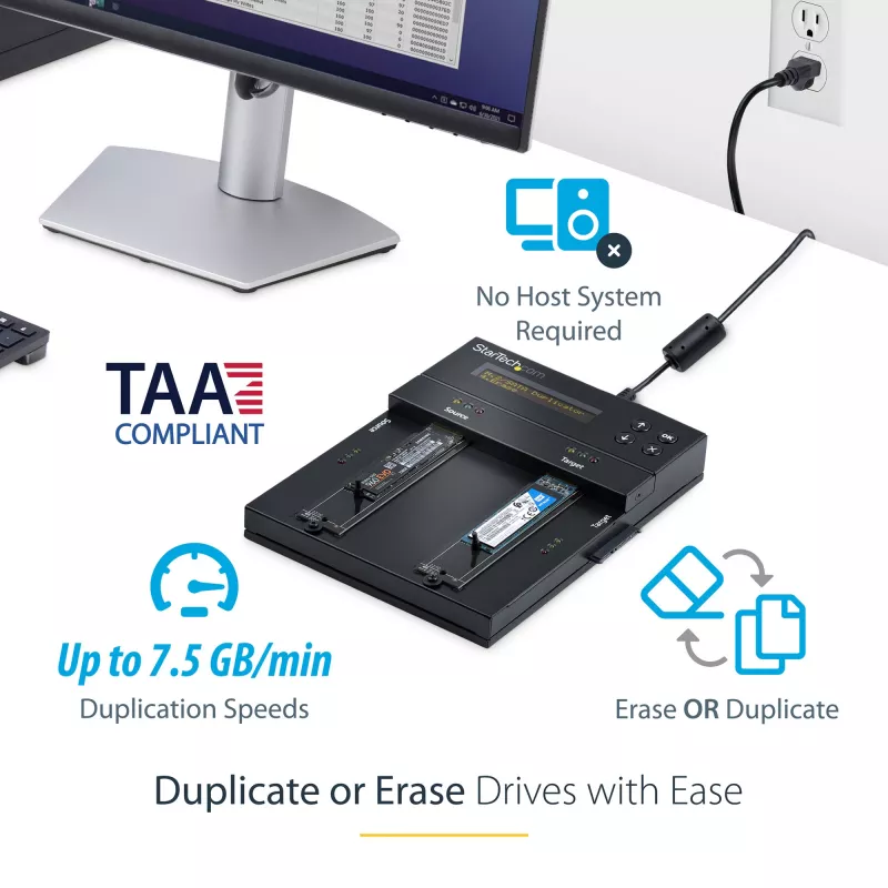 StarTech.com Samodzielny duplikator i kasownik M.2 SATA i M.2 NVMe - Kloner/Wiper HDD/SSD dla M.2 PCIe AHCI/NVMe, M.2 SATA, dysków SATA 2.5/3.5 cala - Zewnętrzny kasownik/duplikator dysków twardych, TAA