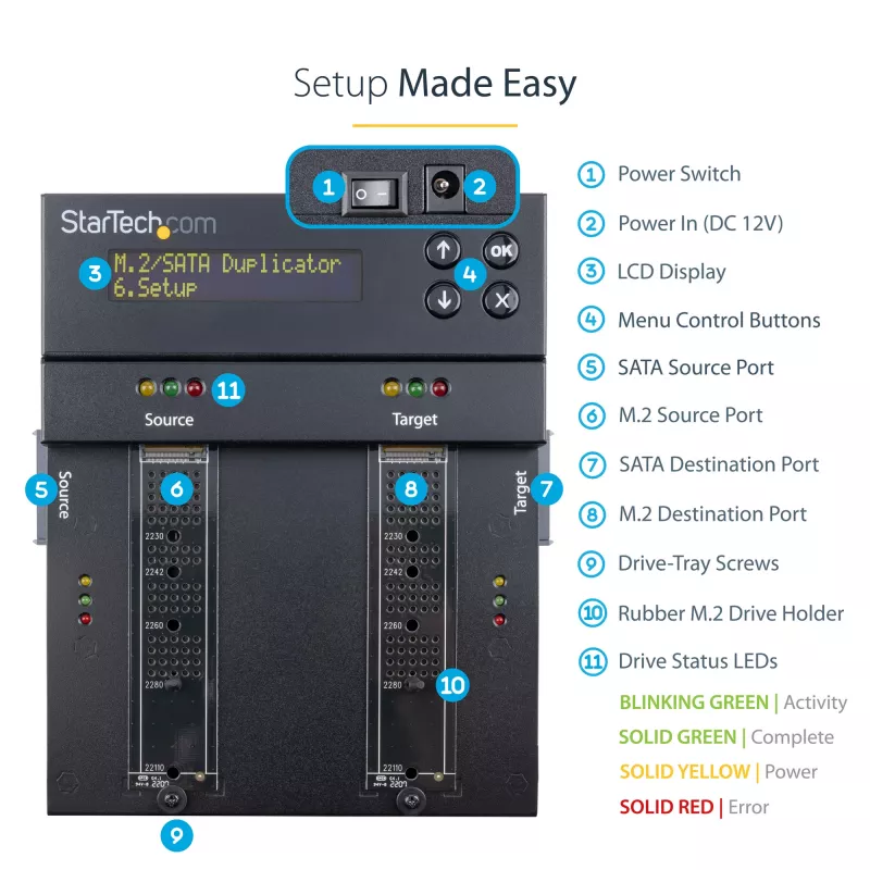StarTech.com Samodzielny duplikator i kasownik M.2 SATA i M.2 NVMe - Kloner/Wiper HDD/SSD dla M.2 PCIe AHCI/NVMe, M.2 SATA, dysków SATA 2.5/3.5 cala - Zewnętrzny kasownik/duplikator dysków twardych, TAA