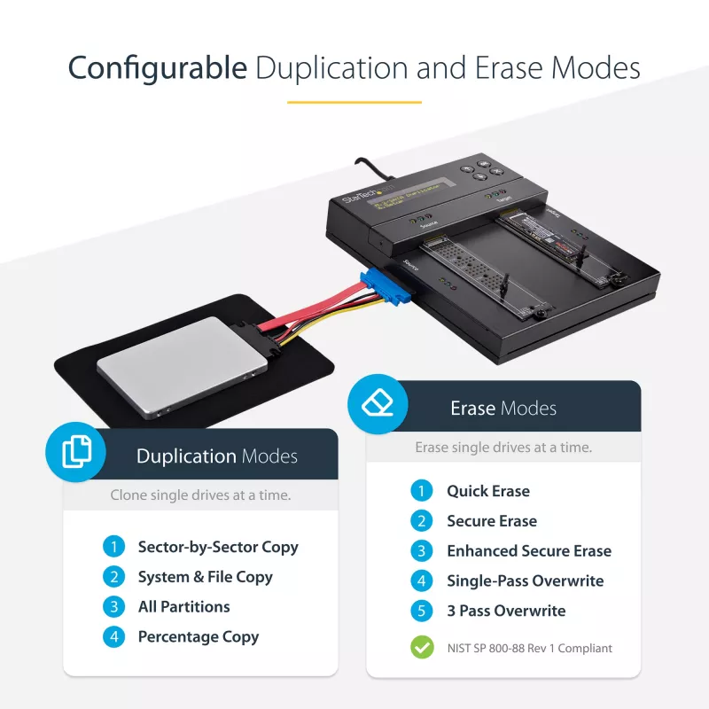 StarTech.com Samodzielny duplikator i kasownik M.2 SATA i M.2 NVMe - Kloner/Wiper HDD/SSD dla M.2 PCIe AHCI/NVMe, M.2 SATA, dysków SATA 2.5/3.5 cala - Zewnętrzny kasownik/duplikator dysków twardych, TAA