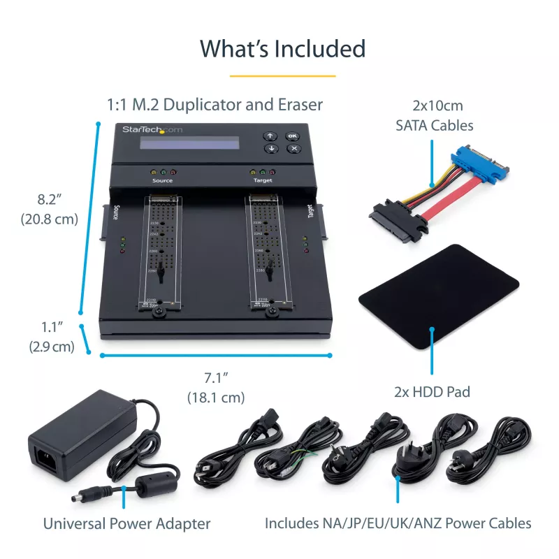 StarTech.com Samodzielny duplikator i kasownik M.2 SATA i M.2 NVMe - Kloner/Wiper HDD/SSD dla M.2 PCIe AHCI/NVMe, M.2 SATA, dysków SATA 2.5/3.5 cala - Zewnętrzny kasownik/duplikator dysków twardych, TAA