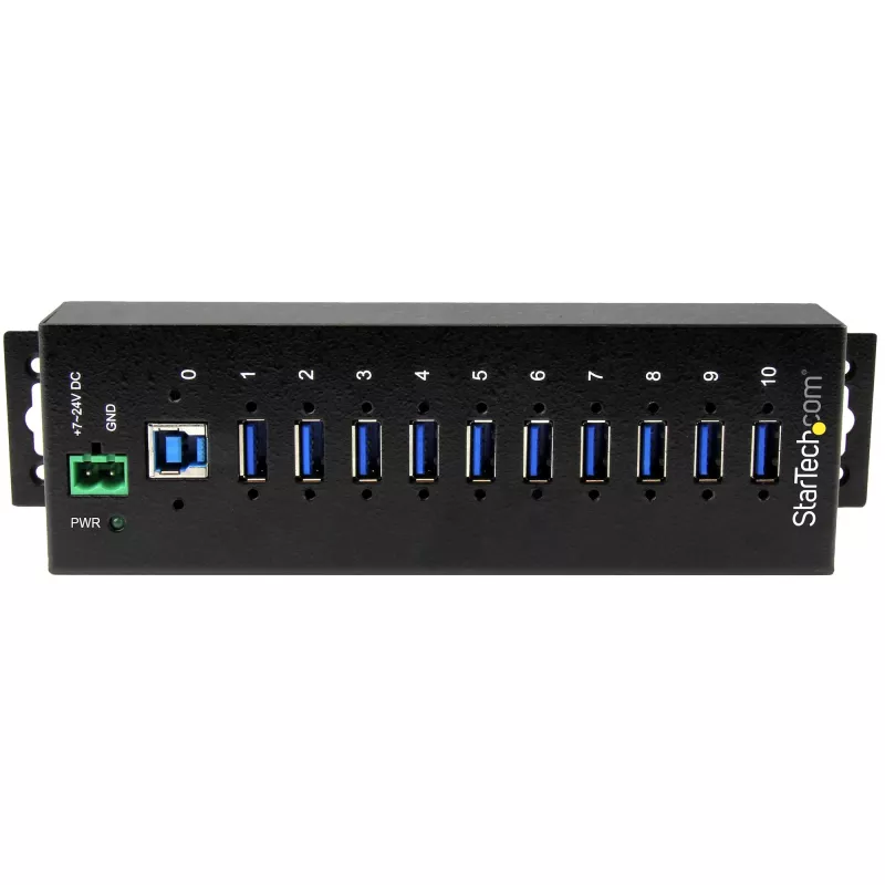 StarTech.com 10-portowy przemysłowy hub USB 3.0 - ochrona ESD i przeciwprzepięciowa~10-portowy hub USB 3.0 - 5 Gb/s - metalowy przemysłowy hub USB-A z ochroną ESD i przeciwprzepięciową - montaż na szynie DIN, ścianie lub biurku - zgodny z TAA rozszerzacz USB