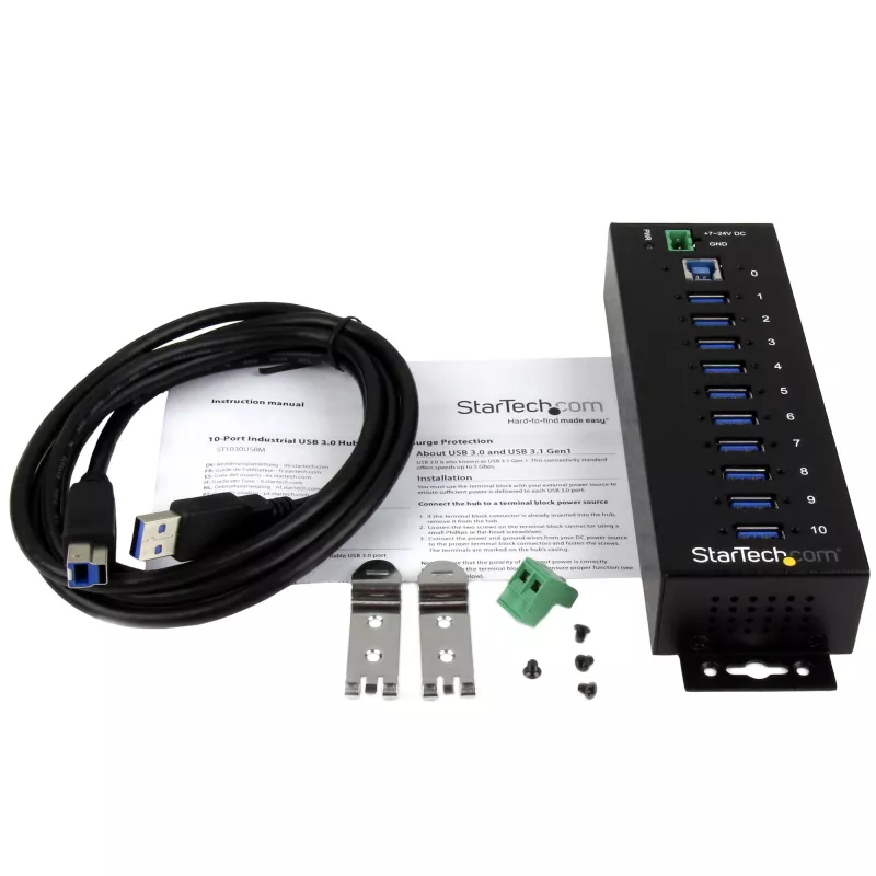 StarTech.com 10-portowy przemysłowy hub USB 3.0 - ochrona ESD i przeciwprzepięciowa~10-portowy hub USB 3.0 - 5 Gb/s - metalowy przemysłowy hub USB-A z ochroną ESD i przeciwprzepięciową - montaż na szynie DIN, ścianie lub biurku - zgodny z TAA rozszerzacz USB