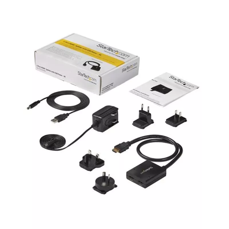 StarTech.com 4K HDMI 2-Port Video Splitter – rozgałęźnik HDMI 1x2 – zasilany przez USB lub zasilacz – 4K 30 Hz