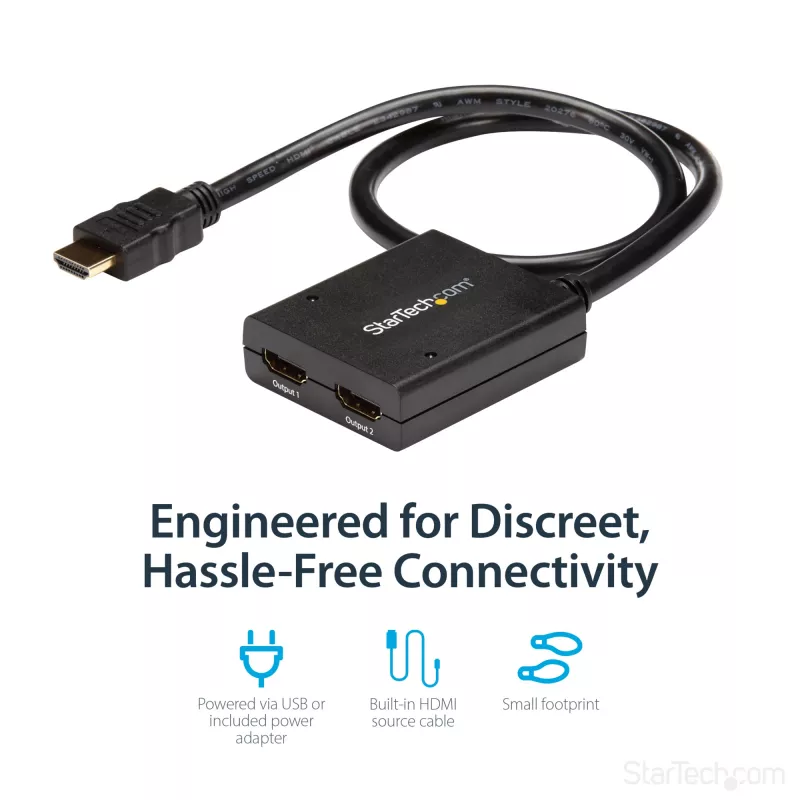 StarTech.com 4K HDMI 2-Port Video Splitter – rozgałęźnik HDMI 1x2 – zasilany przez USB lub zasilacz – 4K 30 Hz
