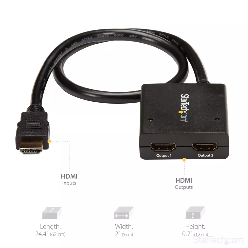 StarTech.com 4K HDMI 2-Port Video Splitter – rozgałęźnik HDMI 1x2 – zasilany przez USB lub zasilacz – 4K 30 Hz