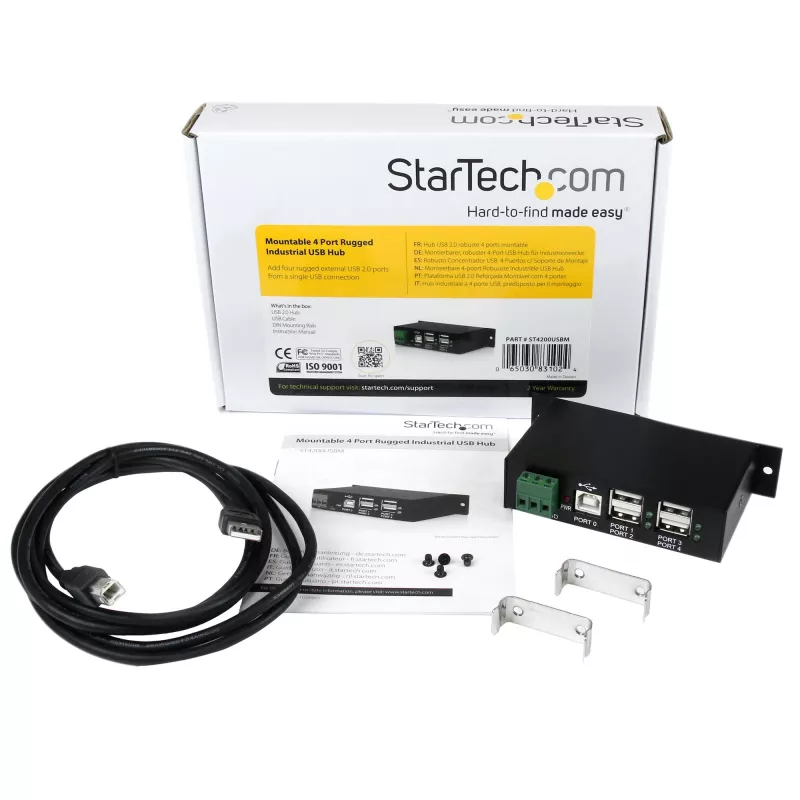 StarTech.com 4-portowy hub USB 2.0 - Metalowy przemysłowy hub USB-A - Hub USB do montażu na szynie DIN, ścianie lub biurku - Zgodny z TAA ekspander USB
