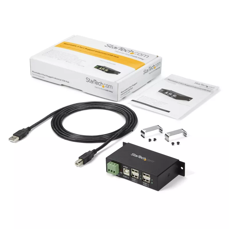 StarTech.com 4-portowy hub USB 2.0 - Metalowy przemysłowy hub USB-A - Hub USB do montażu na szynie DIN, ścianie lub biurku - Zgodny z TAA ekspander USB