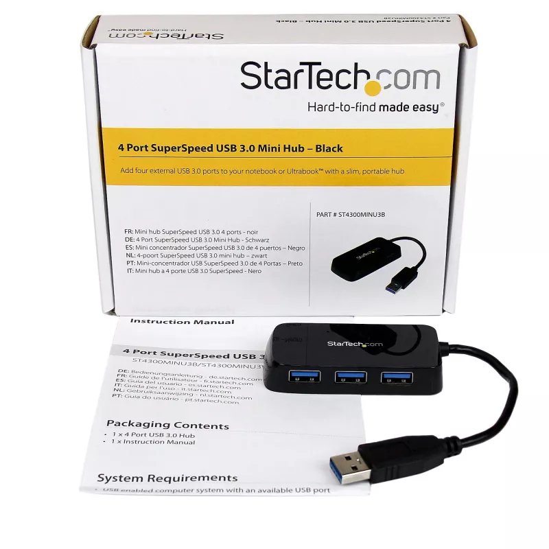 StarTech.com Portable 4 Port SuperSpeed Mini USB 3.0 Hub - Czarny~Portable 4 Port SuperSpeed Mini USB 3.0 Hub - 5Gbps - Czarny