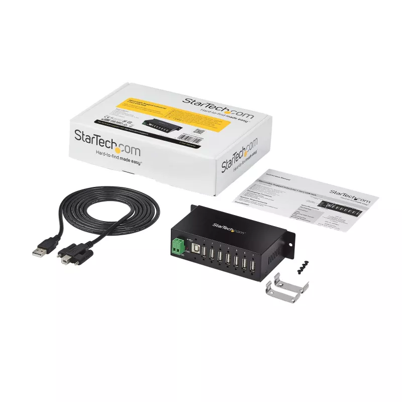 StarTech.com 7-portowy hub USB 2.0 - Metalowy przemysłowy hub USB-A z ochroną ESD i ochroną przeciwprzepięciową 350 W - Montaż na szynie DIN, ścianie lub biurku - Zgodny z TAA rozszerzacz USB