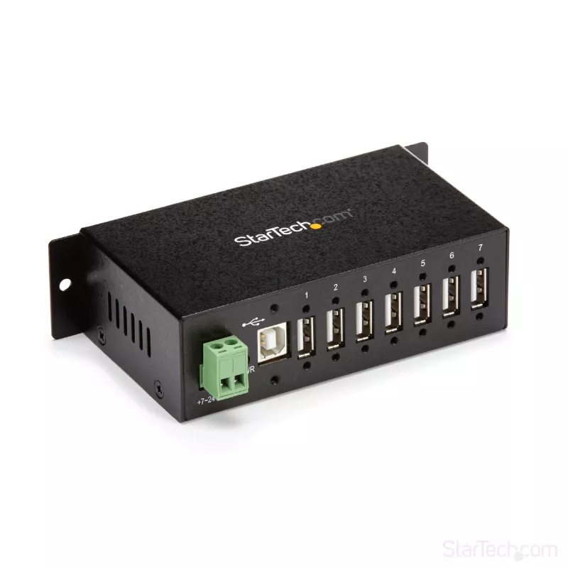 StarTech.com 7-portowy hub USB 2.0 - Metalowy przemysłowy hub USB-A z ochroną ESD i ochroną przeciwprzepięciową 350 W - Montaż na szynie DIN, ścianie lub biurku - Zgodny z TAA rozszerzacz USB