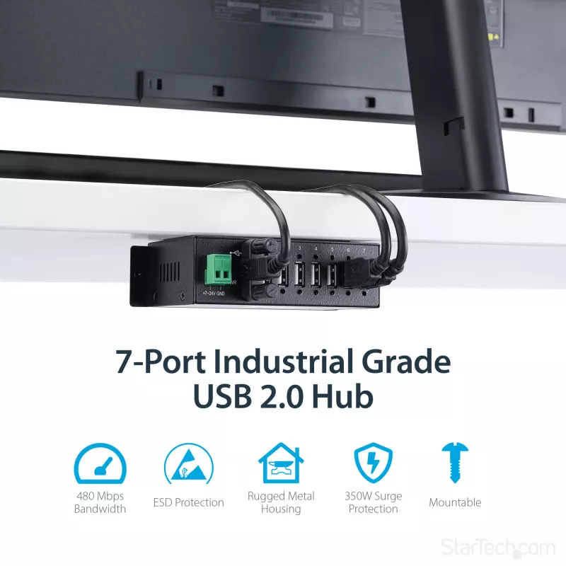 StarTech.com 7-portowy hub USB 2.0 - Metalowy przemysłowy hub USB-A z ochroną ESD i ochroną przeciwprzepięciową 350 W - Montaż na szynie DIN, ścianie lub biurku - Zgodny z TAA rozszerzacz USB