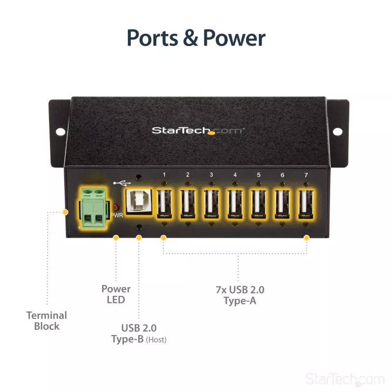 StarTech.com 7-portowy hub USB 2.0 - Metalowy przemysłowy hub USB-A z ochroną ESD i ochroną przeciwprzepięciową 350 W - Montaż na szynie DIN, ścianie lub biurku - Zgodny z TAA rozszerzacz USB