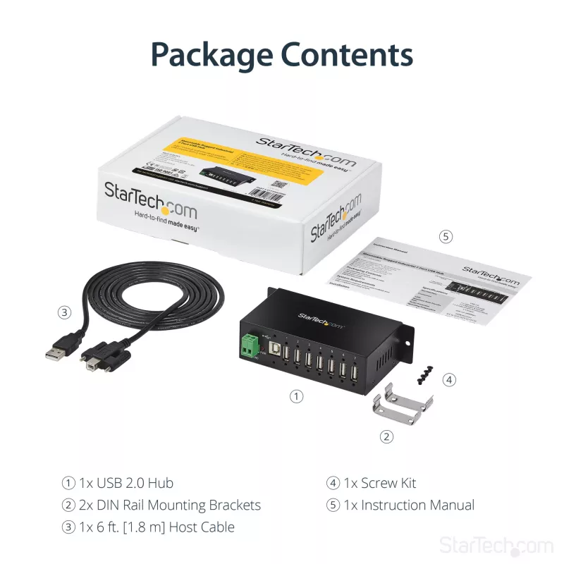 StarTech.com 7-portowy hub USB 2.0 - Metalowy przemysłowy hub USB-A z ochroną ESD i ochroną przeciwprzepięciową 350 W - Montaż na szynie DIN, ścianie lub biurku - Zgodny z TAA rozszerzacz USB