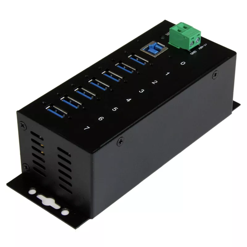 StarTech.com 7-portowy przemysłowy hub USB 3.0 z ochroną ESD ~ 7-portowy hub USB 3.0 (5 Gb/s) – Metalowy przemysłowy hub USB-A z ochroną ESD i ochroną przeciwprzepięciową 350 W – Możliwość montażu na szynie DIN, ścianie lub biurku – Zgodny z TAA rozszerzacz USB