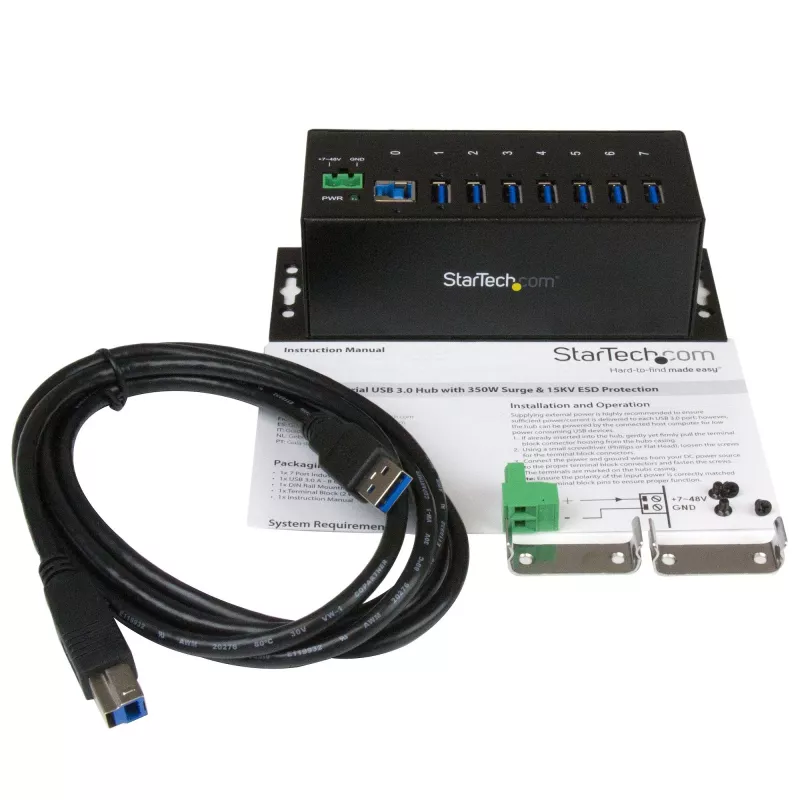StarTech.com 7-portowy przemysłowy hub USB 3.0 z ochroną ESD ~ 7-portowy hub USB 3.0 (5 Gb/s) – Metalowy przemysłowy hub USB-A z ochroną ESD i ochroną przeciwprzepięciową 350 W – Możliwość montażu na szynie DIN, ścianie lub biurku – Zgodny z TAA rozszerzacz USB